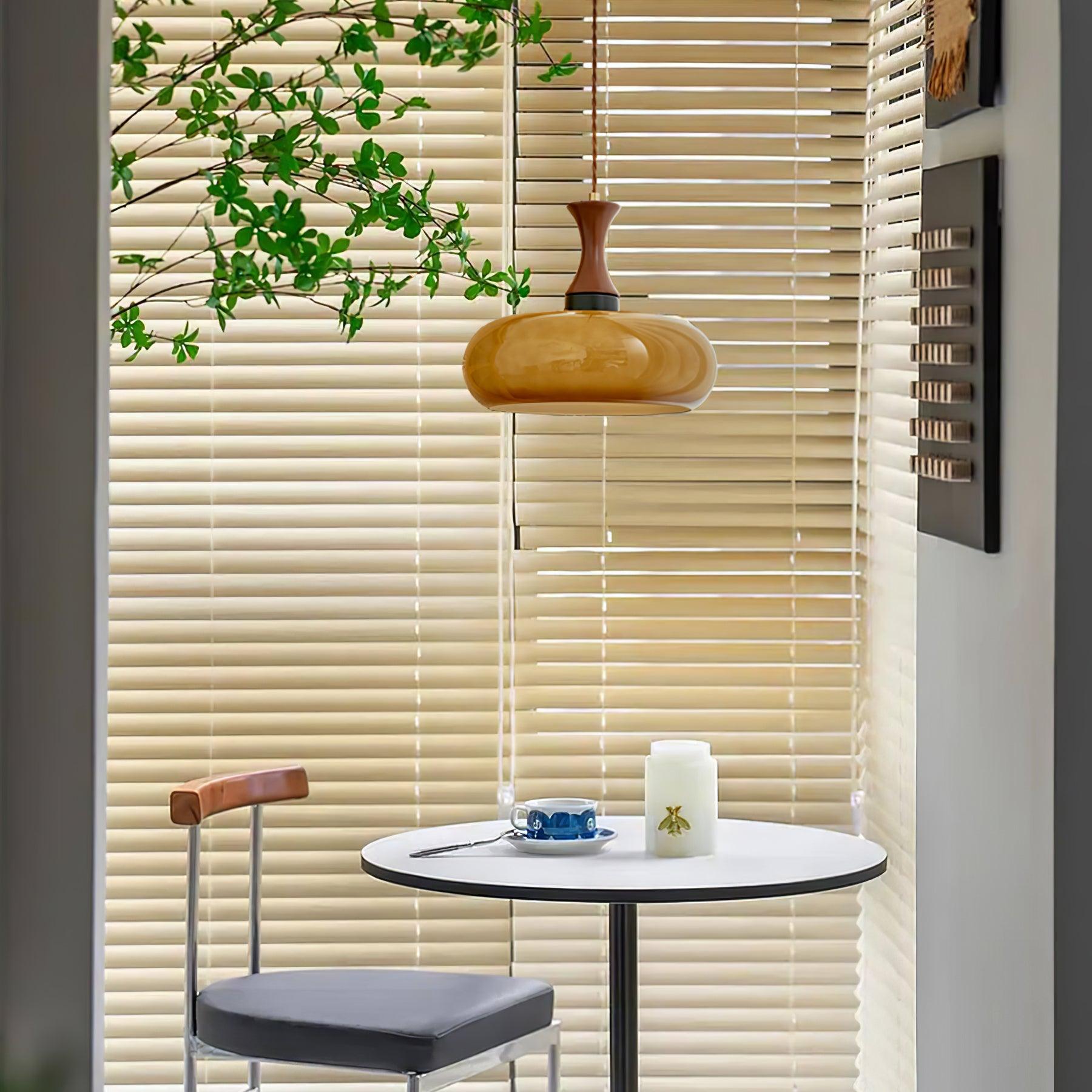 Quadri Foglio Wooden Pendant Light with Yellow Glass Shade and Adjustable Height for Modern Home Decor