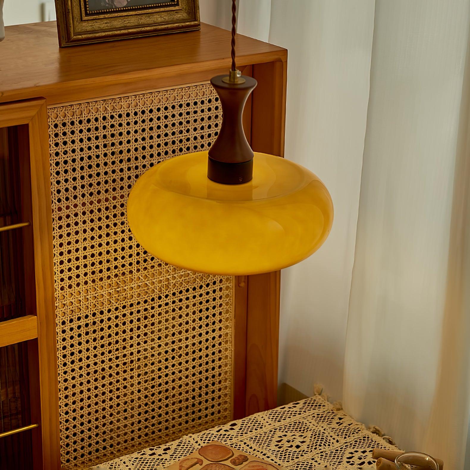 Quadri Foglio Wooden Pendant Light with Yellow Glass Shade and Adjustable Height for Modern Home Decor
