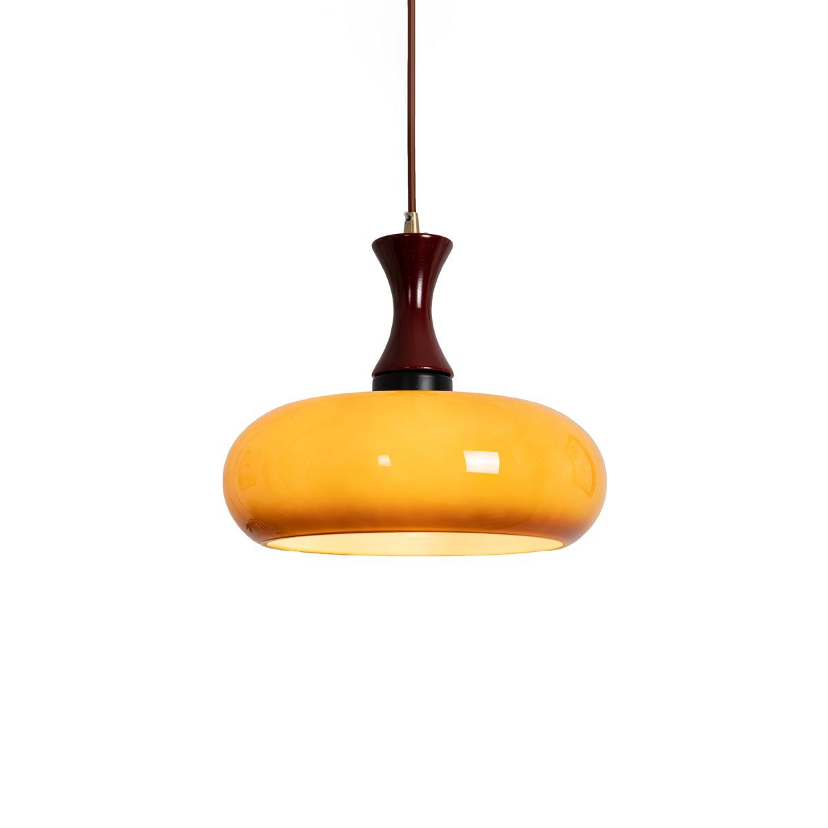 Quadri Foglio Wooden Pendant Light with Yellow Glass Shade and Adjustable Height for Modern Home Decor