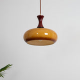 Quadri Foglio Wooden Pendant Light with Yellow Glass Shade and Adjustable Height for Modern Home Decor