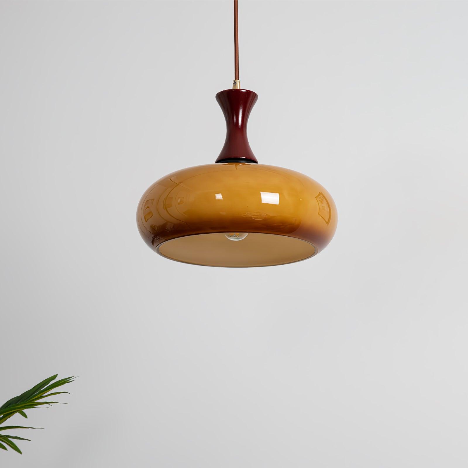 Quadri Foglio Wooden Pendant Light with Yellow Glass Shade and Adjustable Height for Modern Home Decor