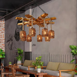 Rattan Wood Farmhouse Chandelier Rustic Vintage Pendant Hanging Light Fixture