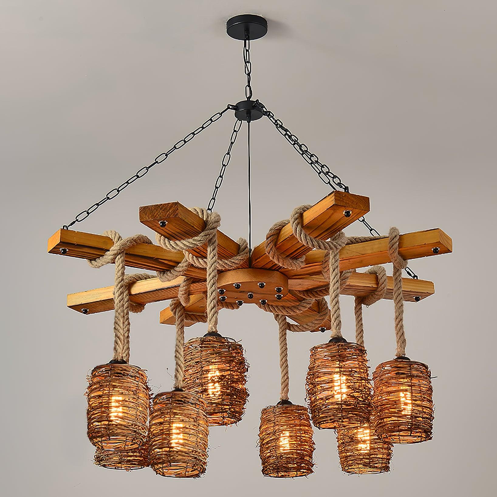 Rattan Wood Farmhouse Chandelier Rustic Vintage Pendant Hanging Light Fixture