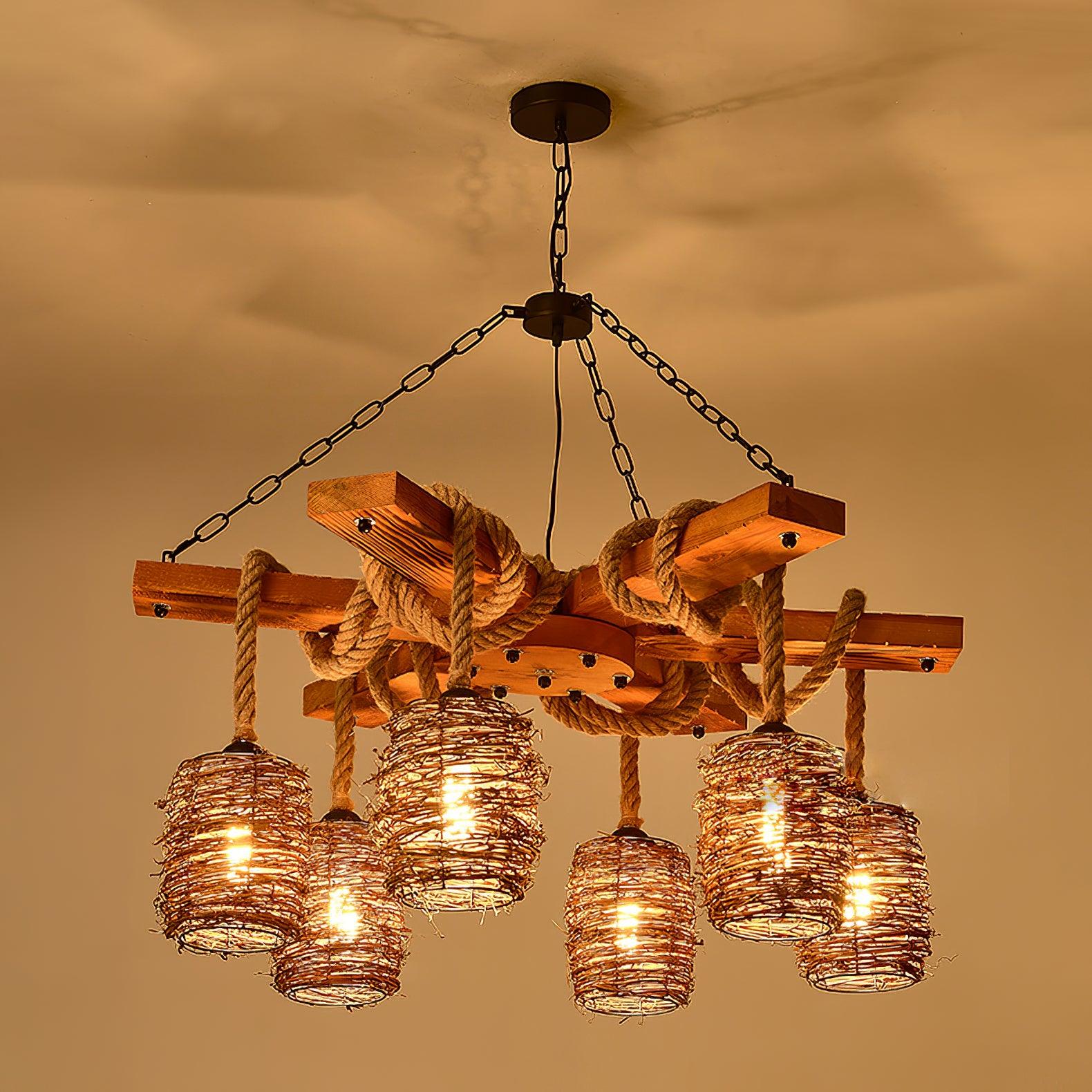 Rattan Wood Farmhouse Chandelier Rustic Vintage Pendant Hanging Light Fixture