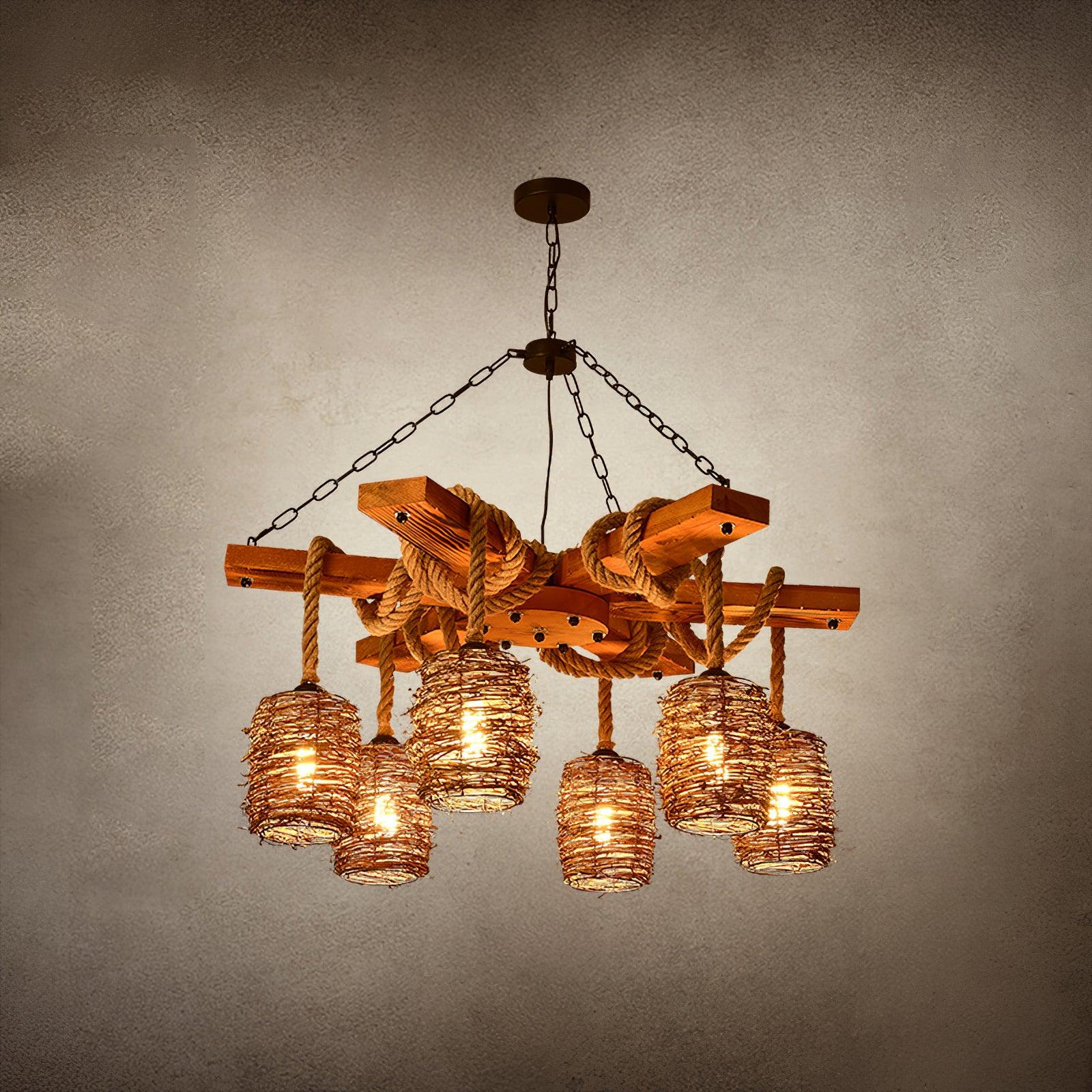 Rattan Wood Farmhouse Chandelier Rustic Vintage Pendant Hanging Light Fixture