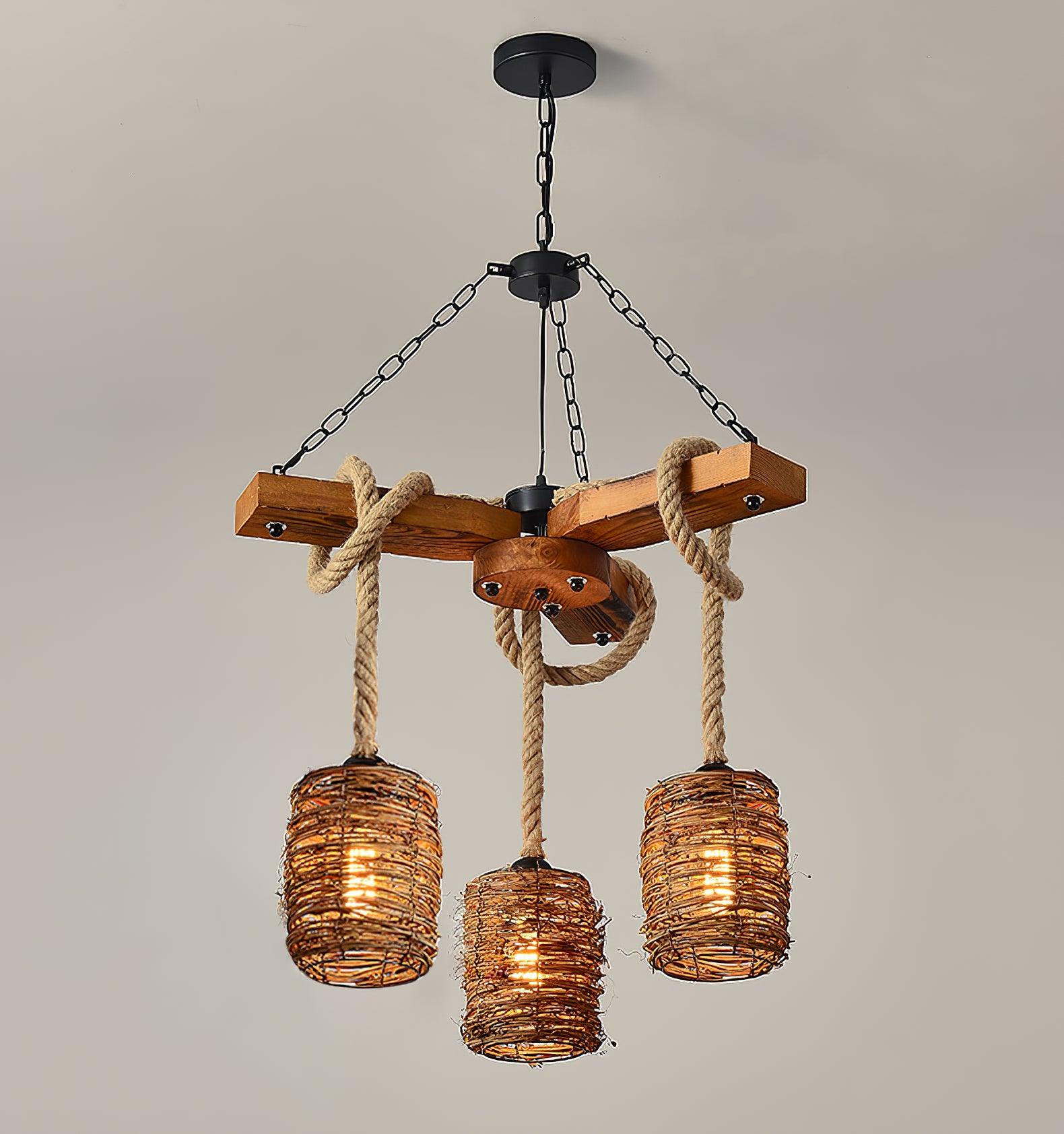 Rattan Wood Farmhouse Chandelier Rustic Vintage Pendant Hanging Light Fixture