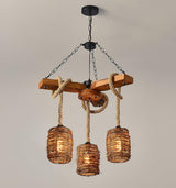 Rattan Wood Farmhouse Chandelier Rustic Vintage Pendant Hanging Light Fixture