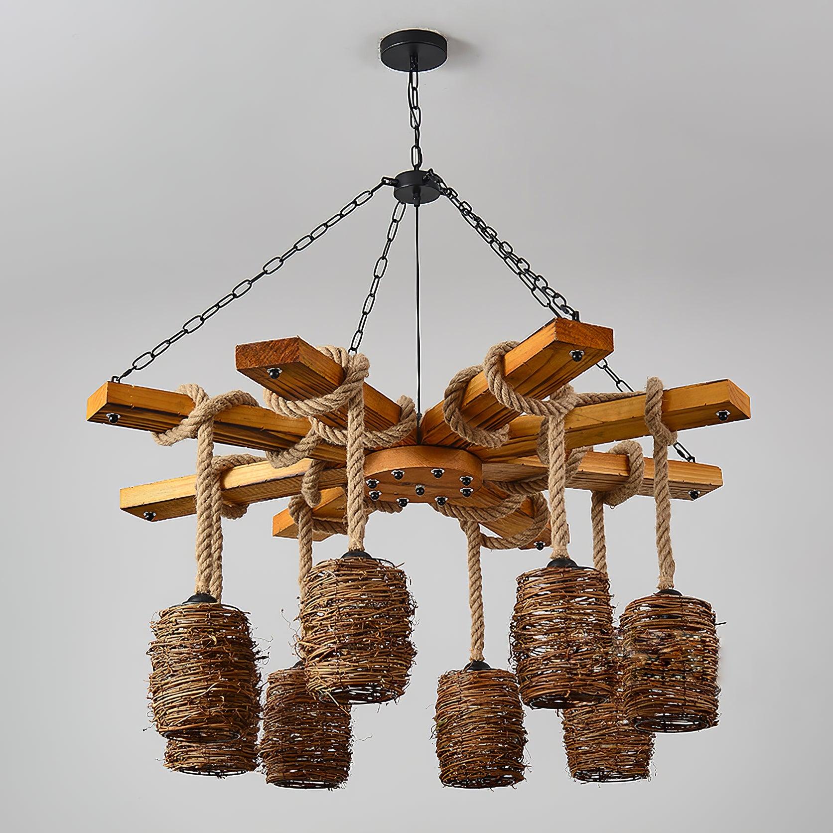 Rattan Wood Farmhouse Chandelier Rustic Vintage Pendant Hanging Light Fixture