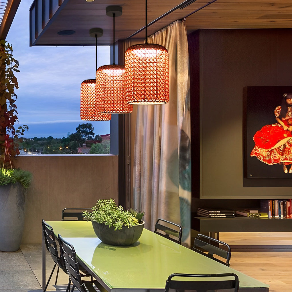 Red Rattan Outdoor Chandelier Waterproof LED Pendant Light for Garden and Patio