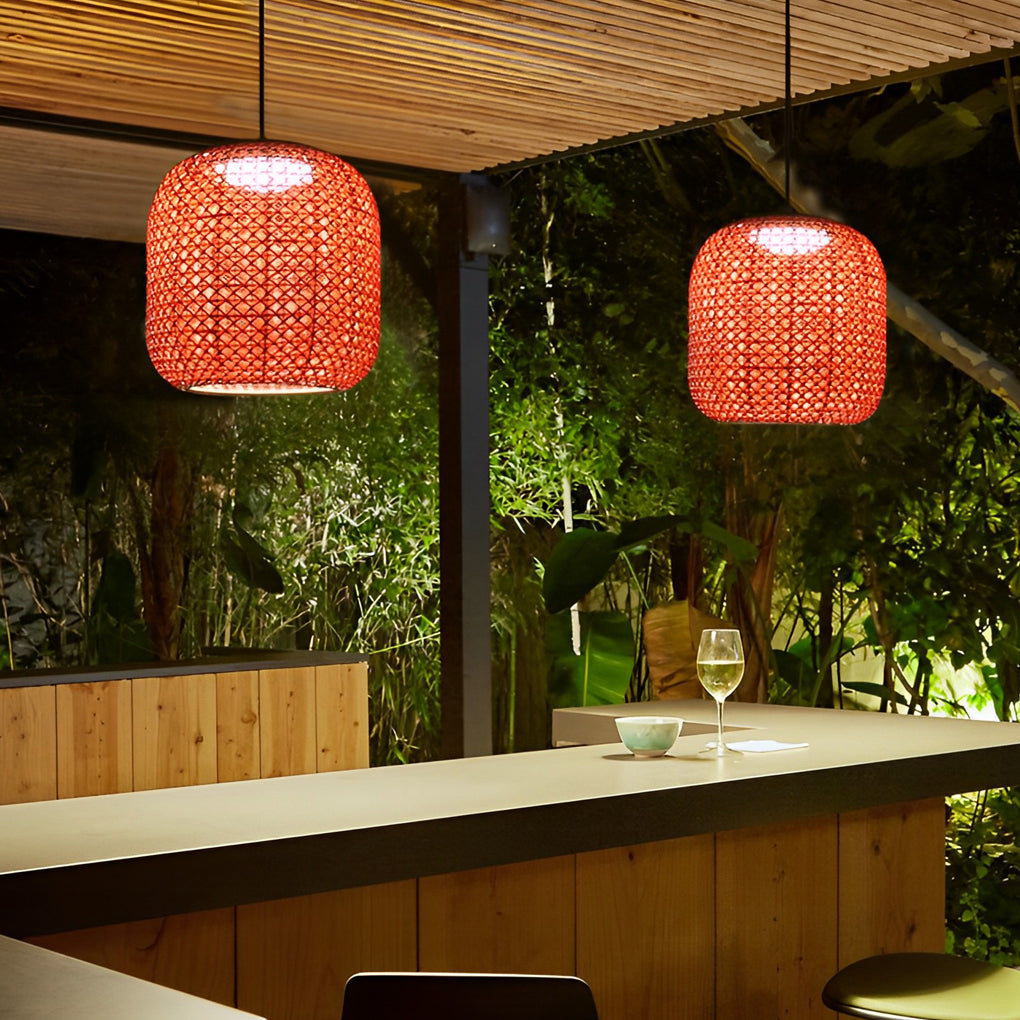 Red Rattan Outdoor Chandelier Waterproof LED Pendant Light for Garden and Patio