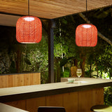 Red Rattan Outdoor Chandelier Waterproof LED Pendant Light for Garden and Patio