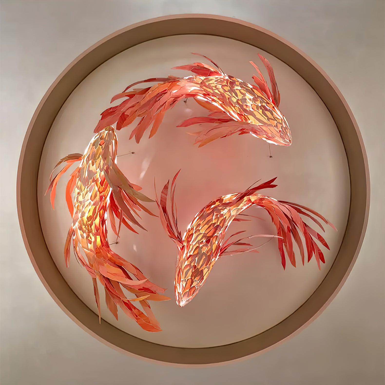 Red Wood Koi Swirl Pendant Light Large Modern Organic Shape LED Chandelier