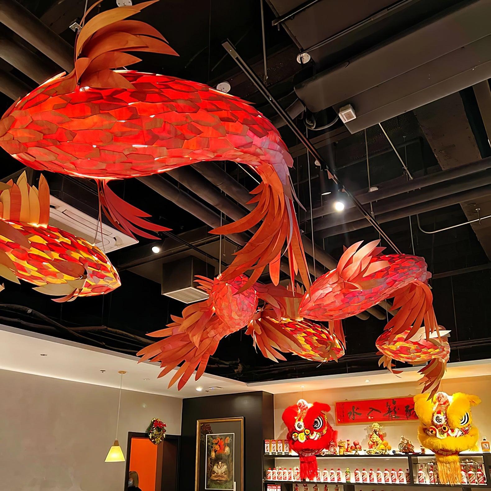 Red Wood Koi Swirl Pendant Light Large Modern Organic Shape LED Chandelier