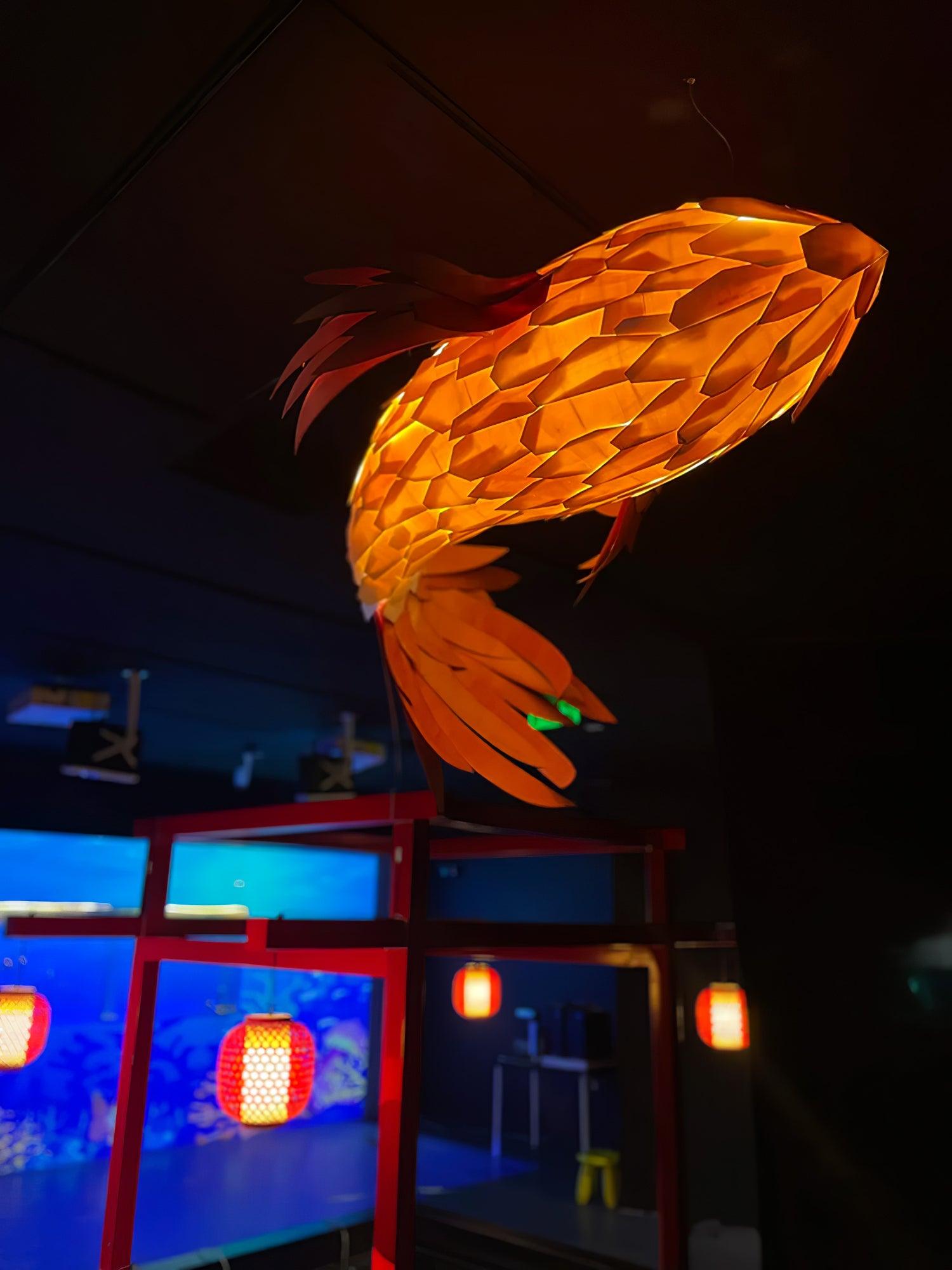 Red Wood Koi Swirl Pendant Light Large Modern Organic Shape LED Chandelier