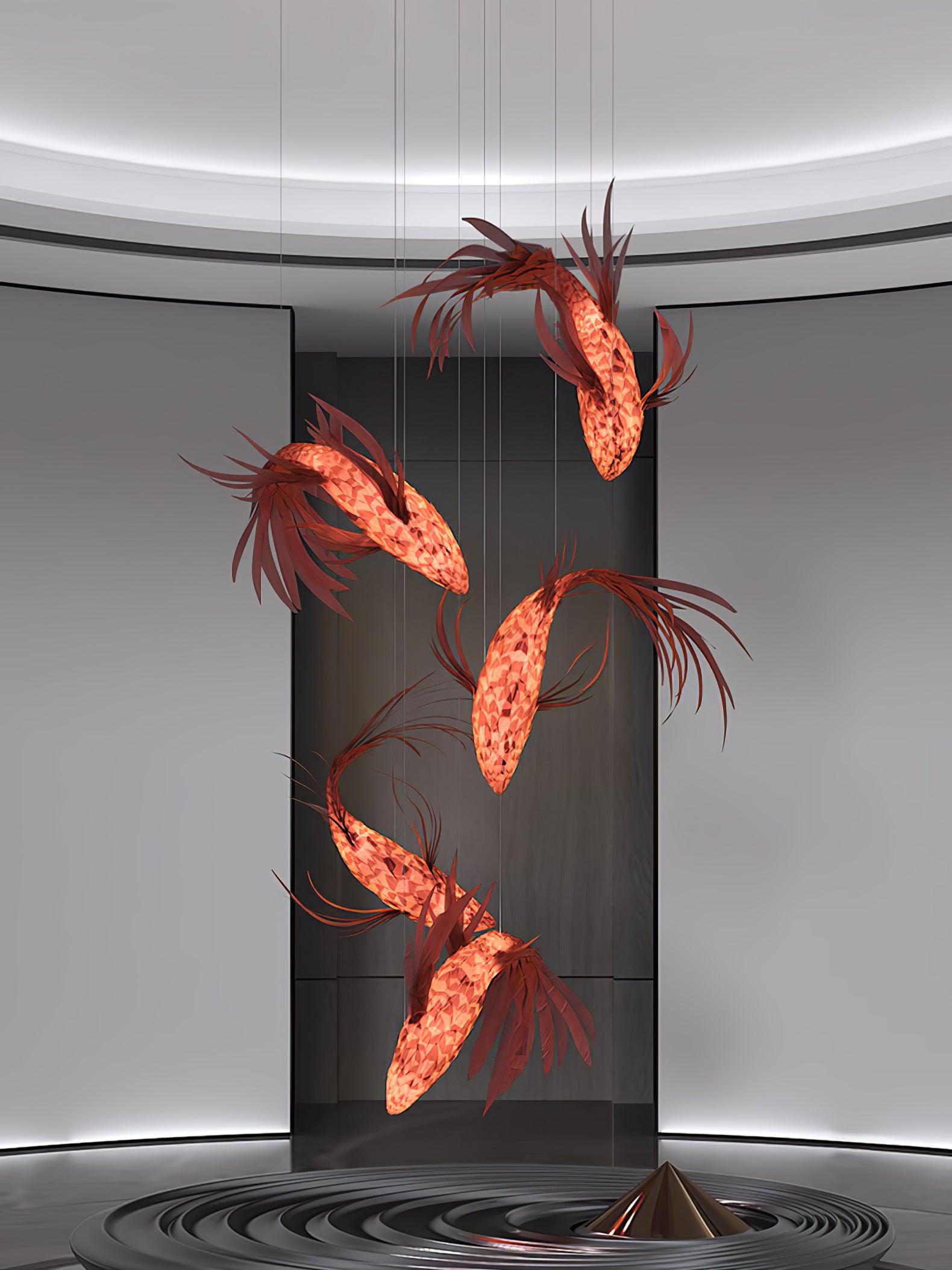Red Wood Koi Swirl Pendant Light Large Modern Organic Shape LED Chandelier
