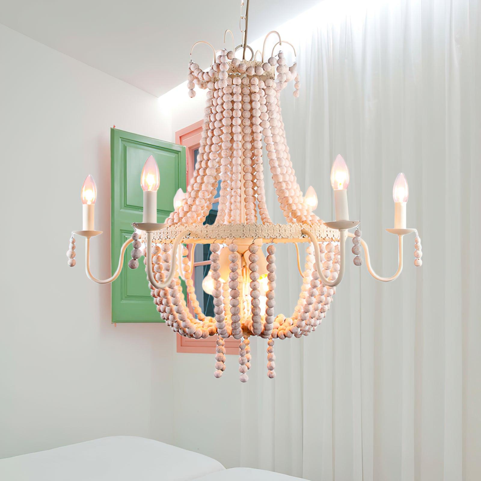 Regas Farmhouse Wooden Bead Chandelier 9 Light Wash White Pendant Lighting for Dining Room