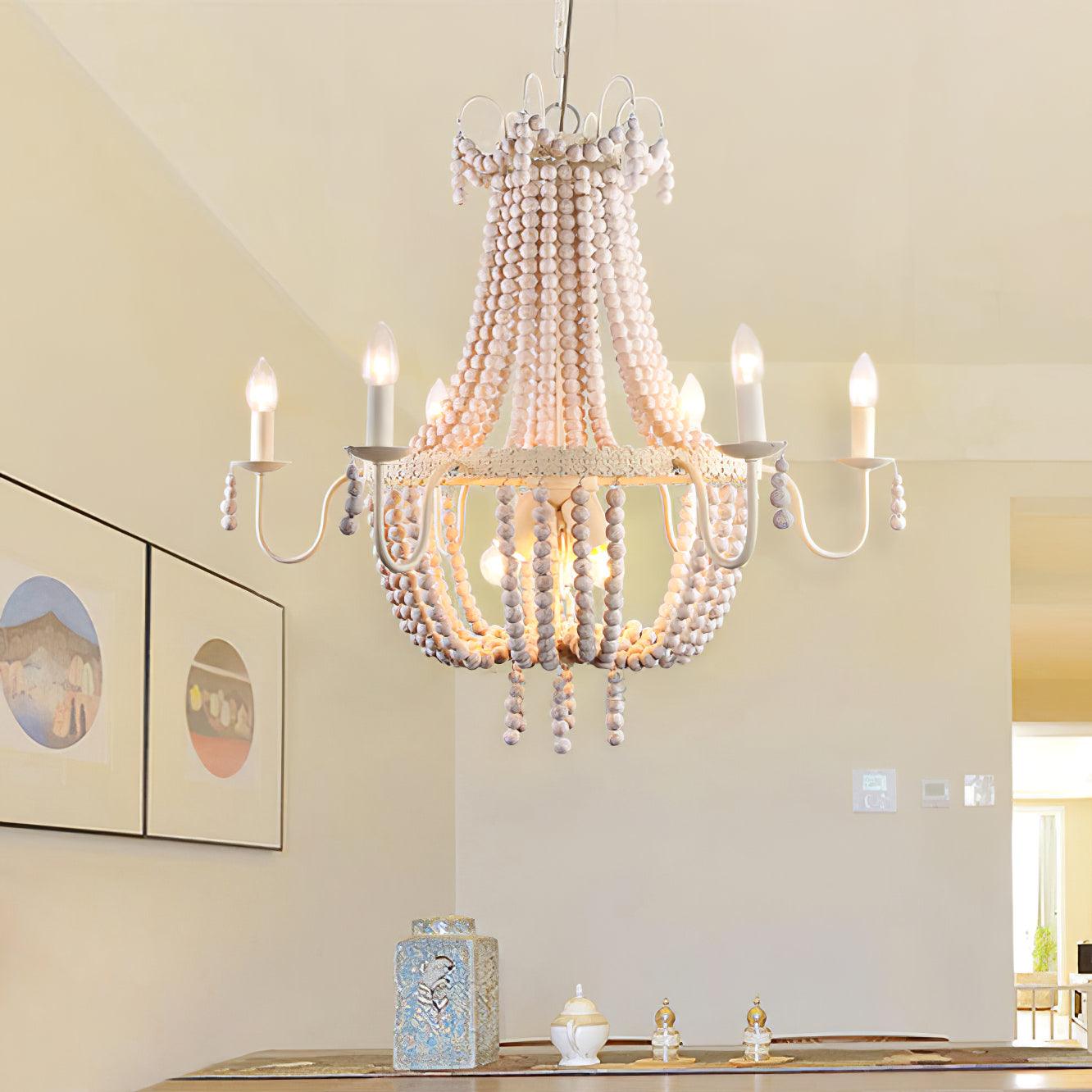 Regas Farmhouse Wooden Bead Chandelier 9 Light Wash White Pendant Lighting for Dining Room