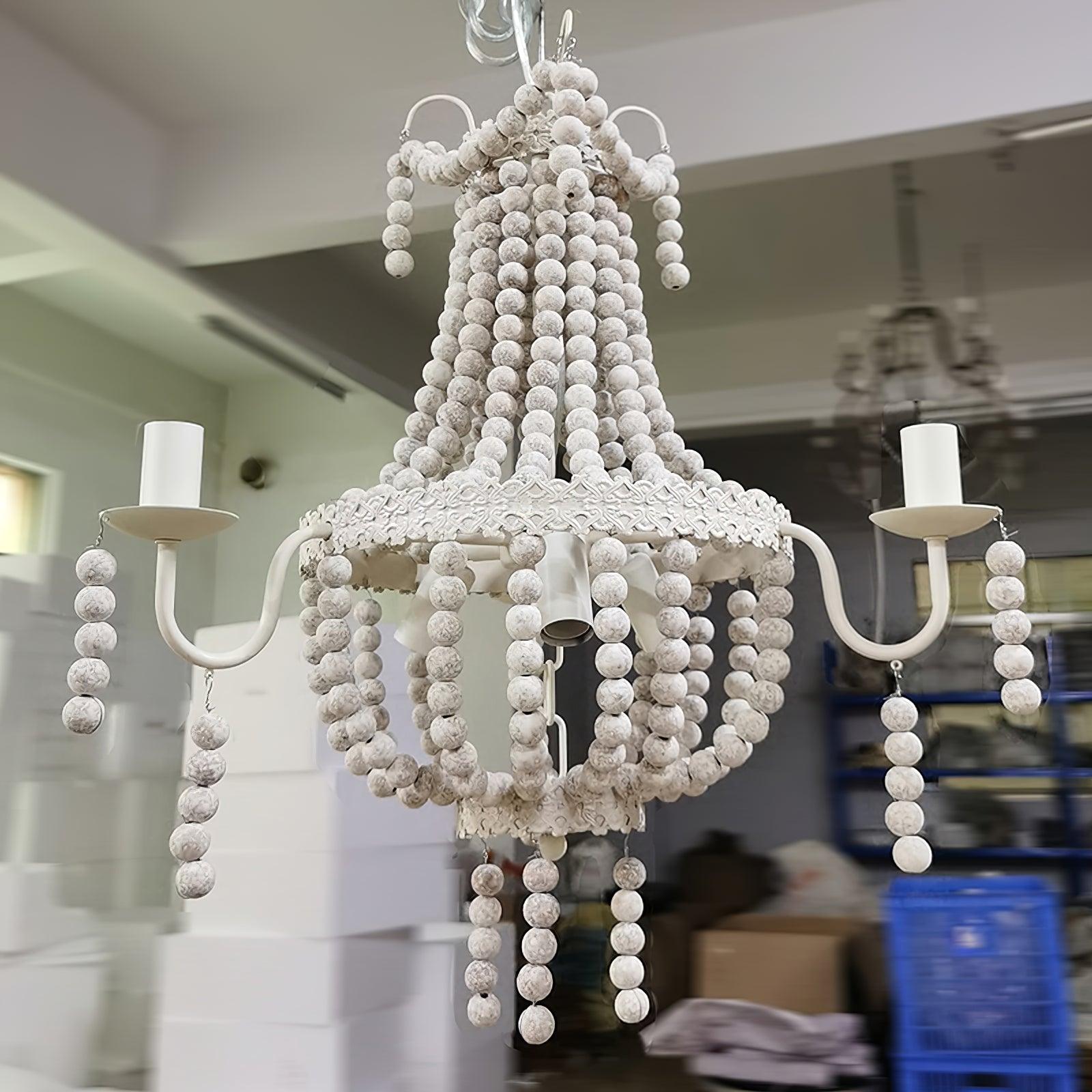 Regas Farmhouse Wooden Bead Chandelier 9 Light Wash White Pendant Lighting for Dining Room