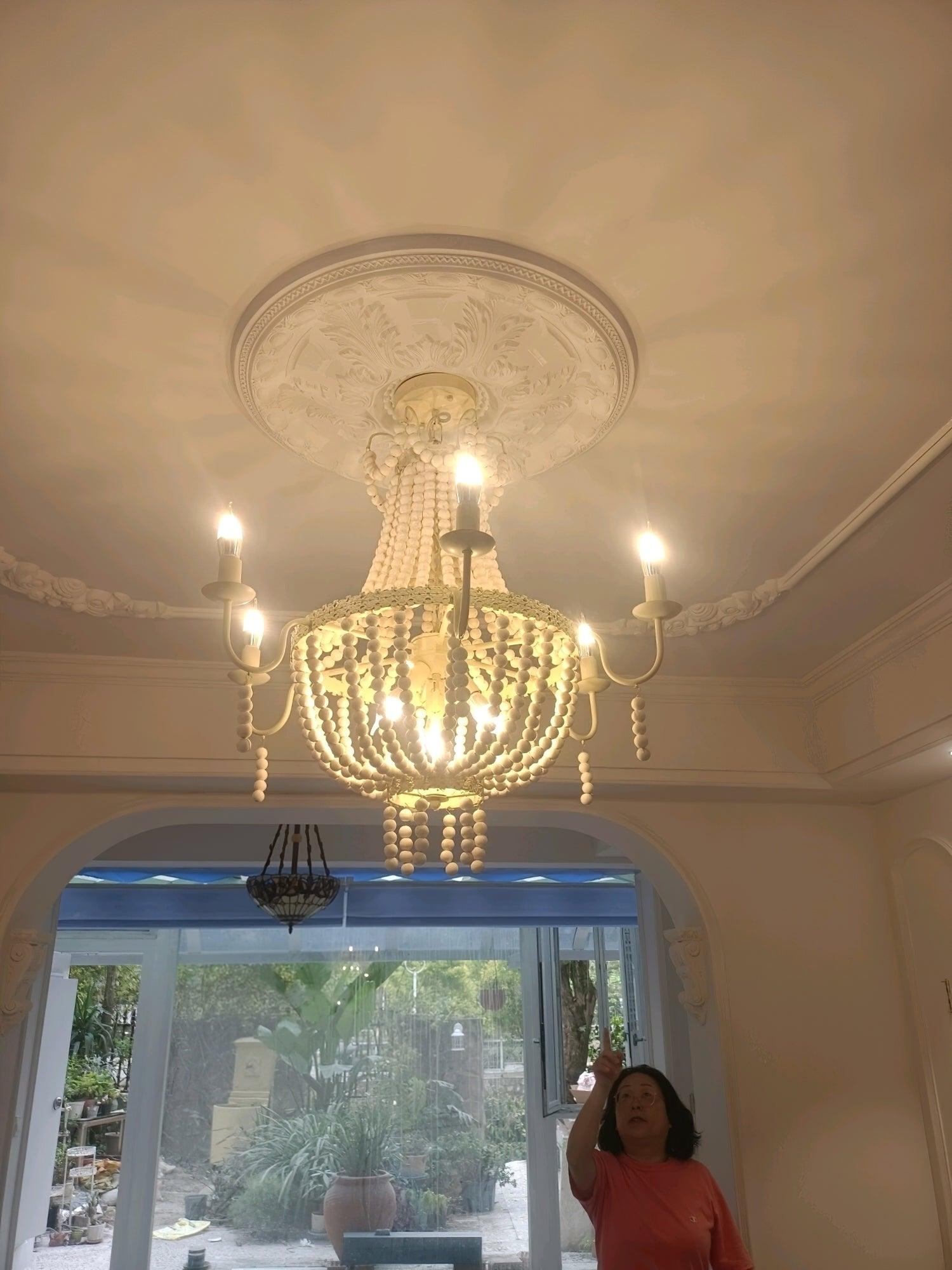 Regas Farmhouse Wooden Bead Chandelier 9 Light Wash White Pendant Lighting for Dining Room