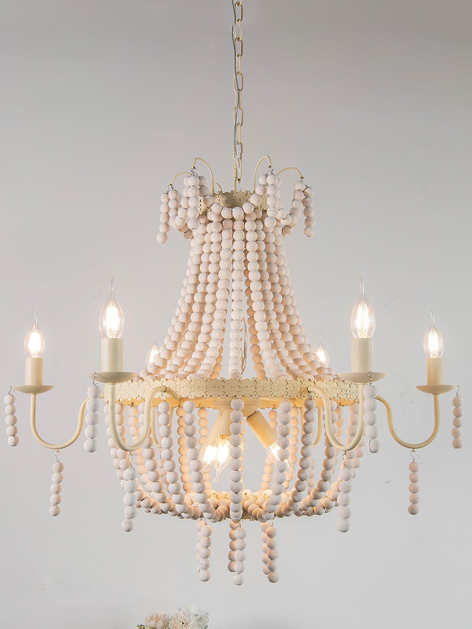 Regas Farmhouse Wooden Bead Chandelier 9 Light Wash White Pendant Lighting for Dining Room