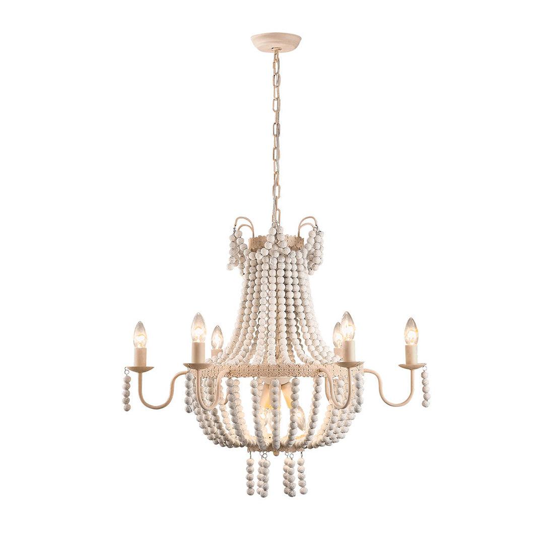 Regas Farmhouse Wooden Bead Chandelier 9 Light Wash White Pendant Lighting for Dining Room