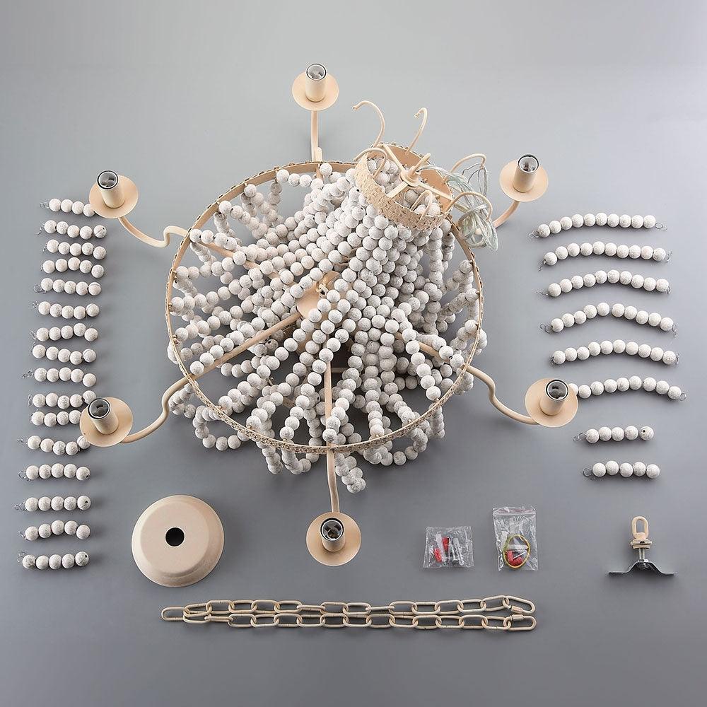 Regas Farmhouse Wooden Bead Chandelier 9 Light Wash White Pendant Lighting for Dining Room