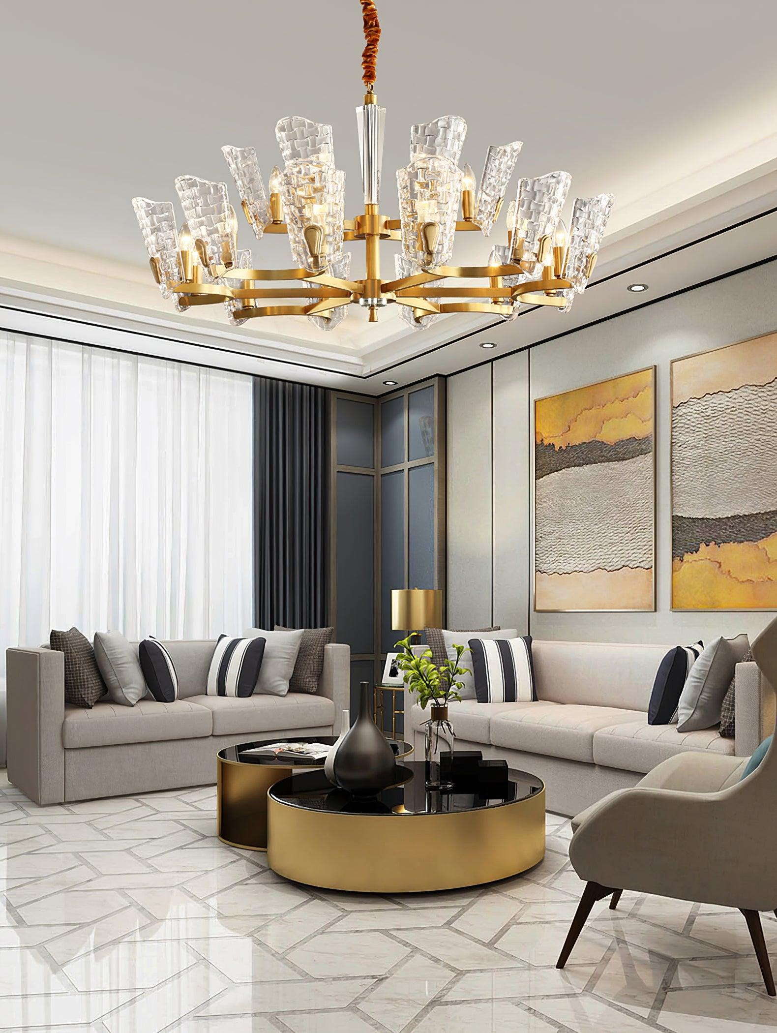 Renato Art Deco Brass Chandelier with Faceted Horn Glass Pendant Lighting for Modern Interiors