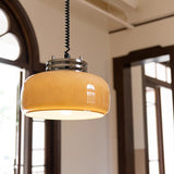 Retractable Glass Pendant Lamp with Tinted Dome Shade and Adjustable Metallic Structure