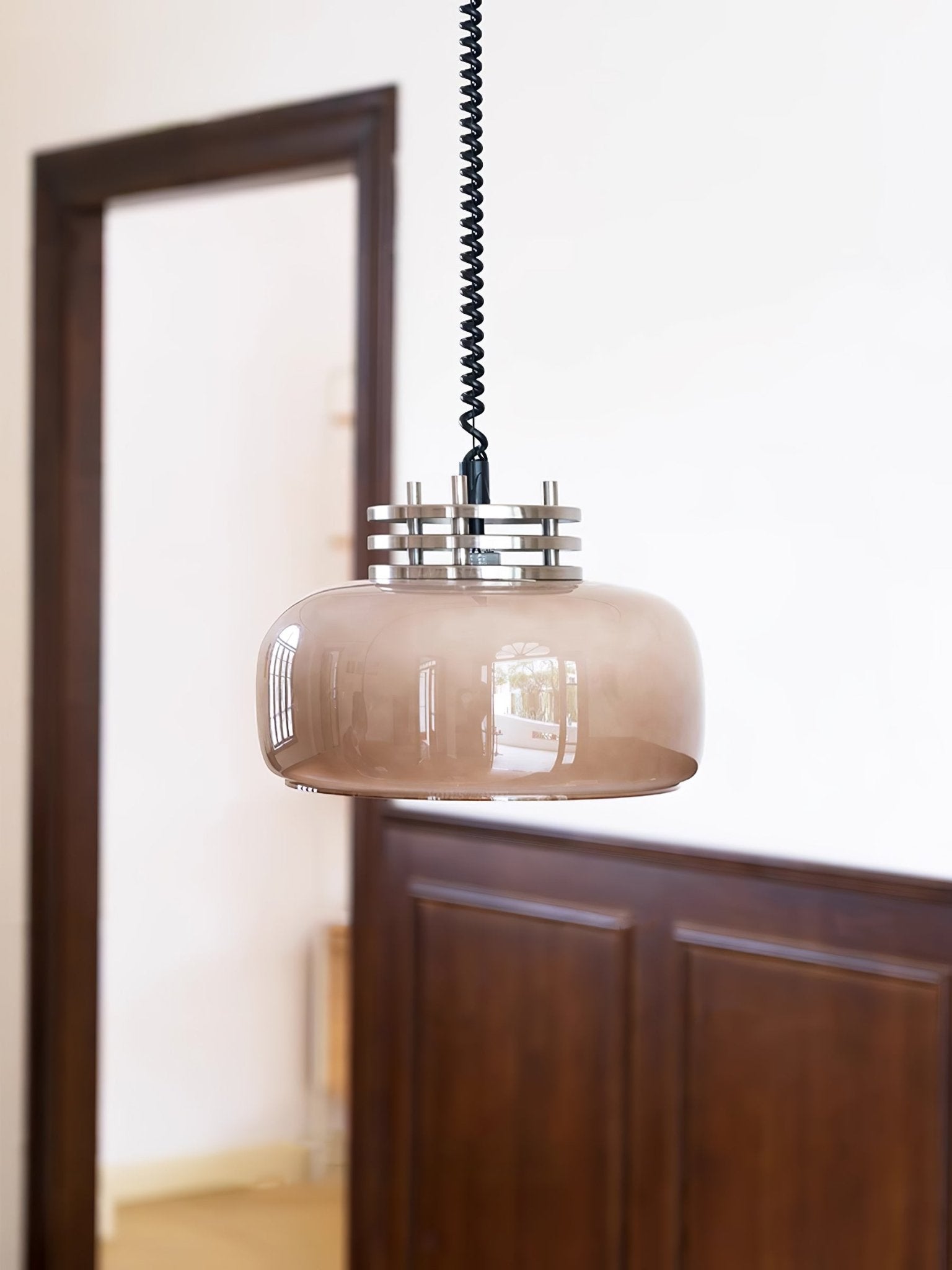 Retractable Glass Pendant Lamp with Tinted Dome Shade and Adjustable Metallic Structure
