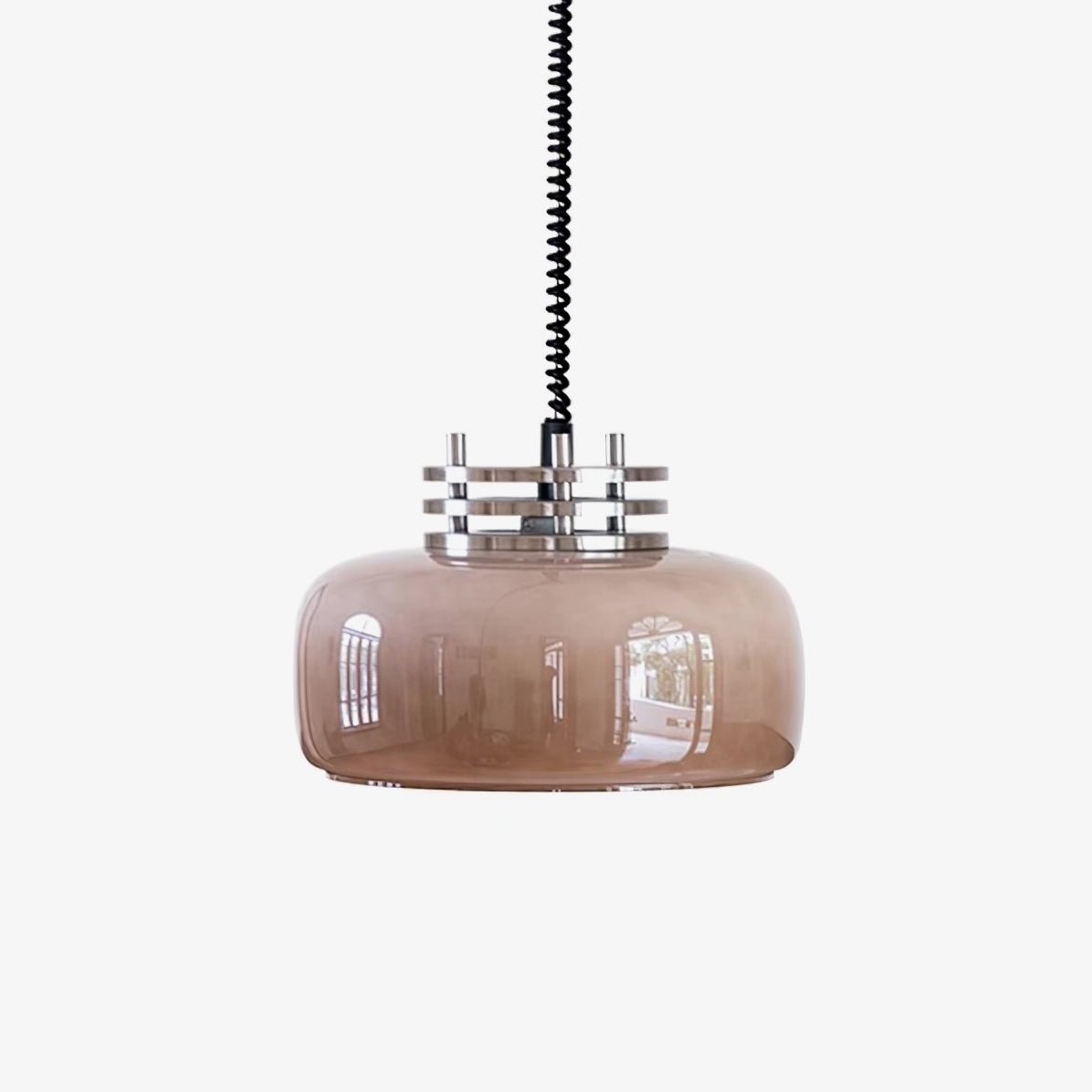 Retractable Glass Pendant Lamp with Tinted Dome Shade and Adjustable Metallic Structure