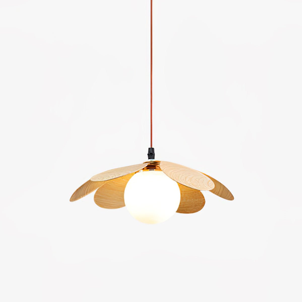 Retro 1970s Inspired Floral Petal Pendant Lamp with Wood Walnut Finish and Glass Shade