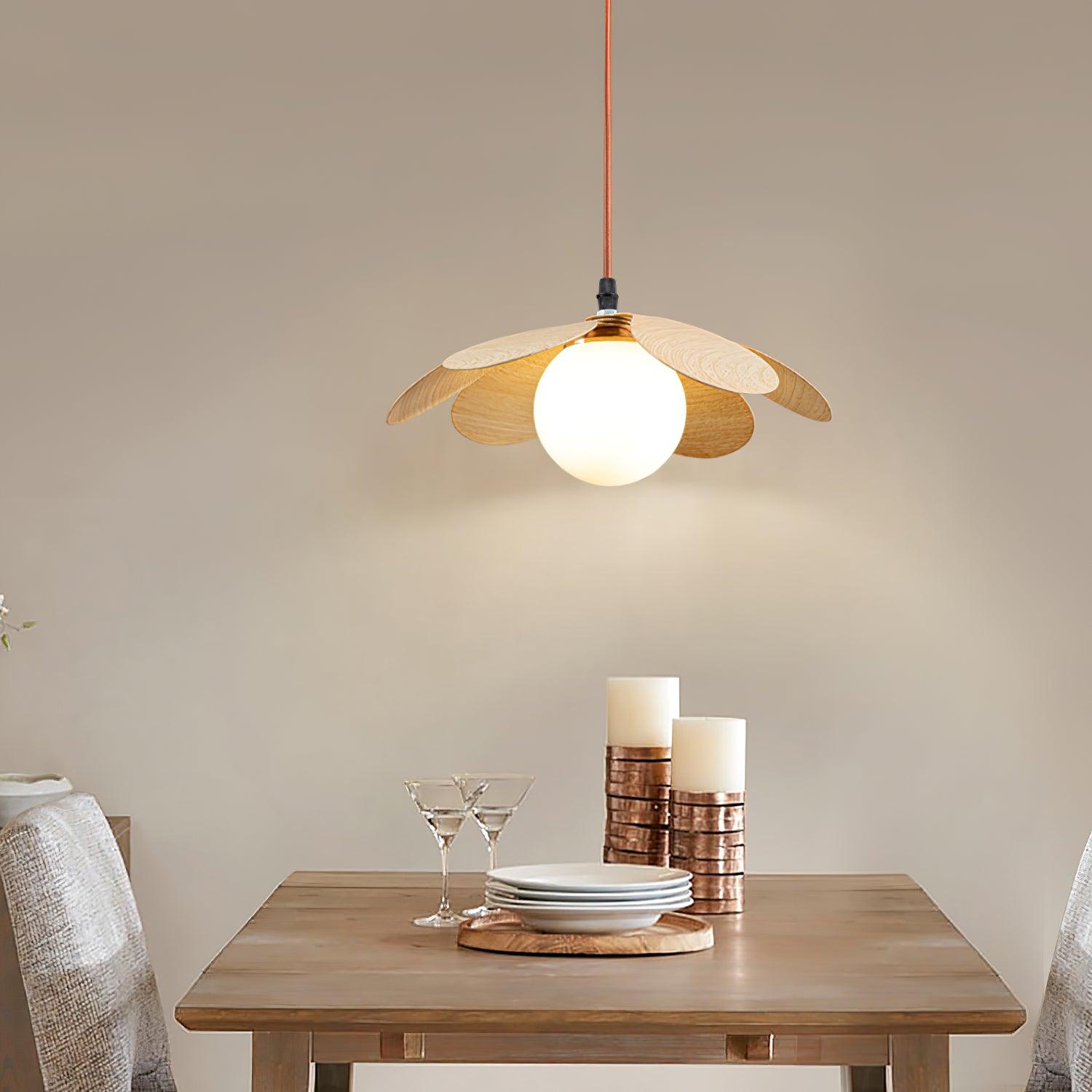 Retro 1970s Inspired Floral Petal Pendant Lamp with Wood Walnut Finish and Glass Shade