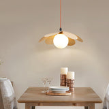 Retro 1970s Inspired Floral Petal Pendant Lamp with Wood Walnut Finish and Glass Shade