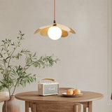 Retro 1970s Inspired Floral Petal Pendant Lamp with Wood Walnut Finish and Glass Shade