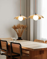 Retro 1970s Inspired Floral Petal Pendant Lamp with Wood Walnut Finish and Glass Shade