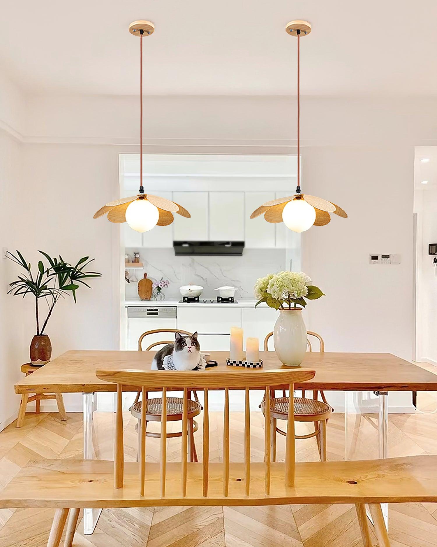 Retro 1970s Inspired Floral Petal Pendant Lamp with Wood Walnut Finish and Glass Shade