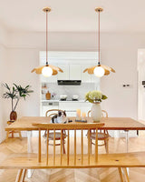 Retro 1970s Inspired Floral Petal Pendant Lamp with Wood Walnut Finish and Glass Shade