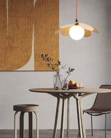 Retro 1970s Inspired Floral Petal Pendant Lamp with Wood Walnut Finish and Glass Shade