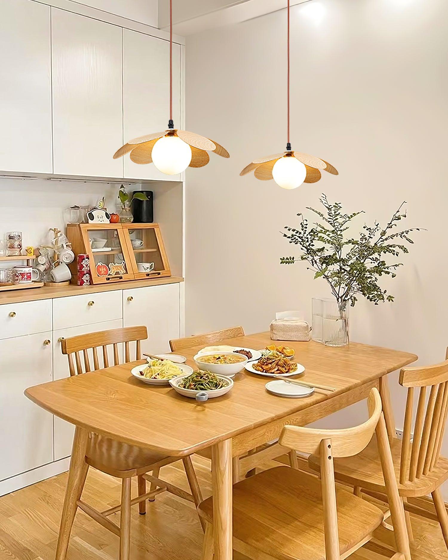Retro 1970s Inspired Floral Petal Pendant Lamp with Wood Walnut Finish and Glass Shade