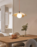 Retro 1970s Inspired Floral Petal Pendant Lamp with Wood Walnut Finish and Glass Shade