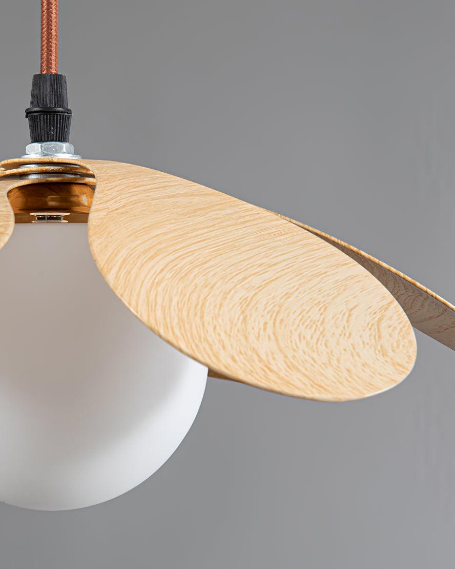 Retro 1970s Inspired Floral Petal Pendant Lamp with Wood Walnut Finish and Glass Shade