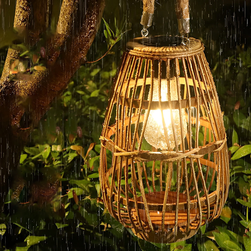 Retro Bamboo Rattan Solar Outdoor Lantern Waterproof LED Hanging Wood Lamp for Garden Decor