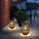 Retro Bamboo Rattan Solar Outdoor Lantern Waterproof LED Hanging Wood Lamp for Garden Decor