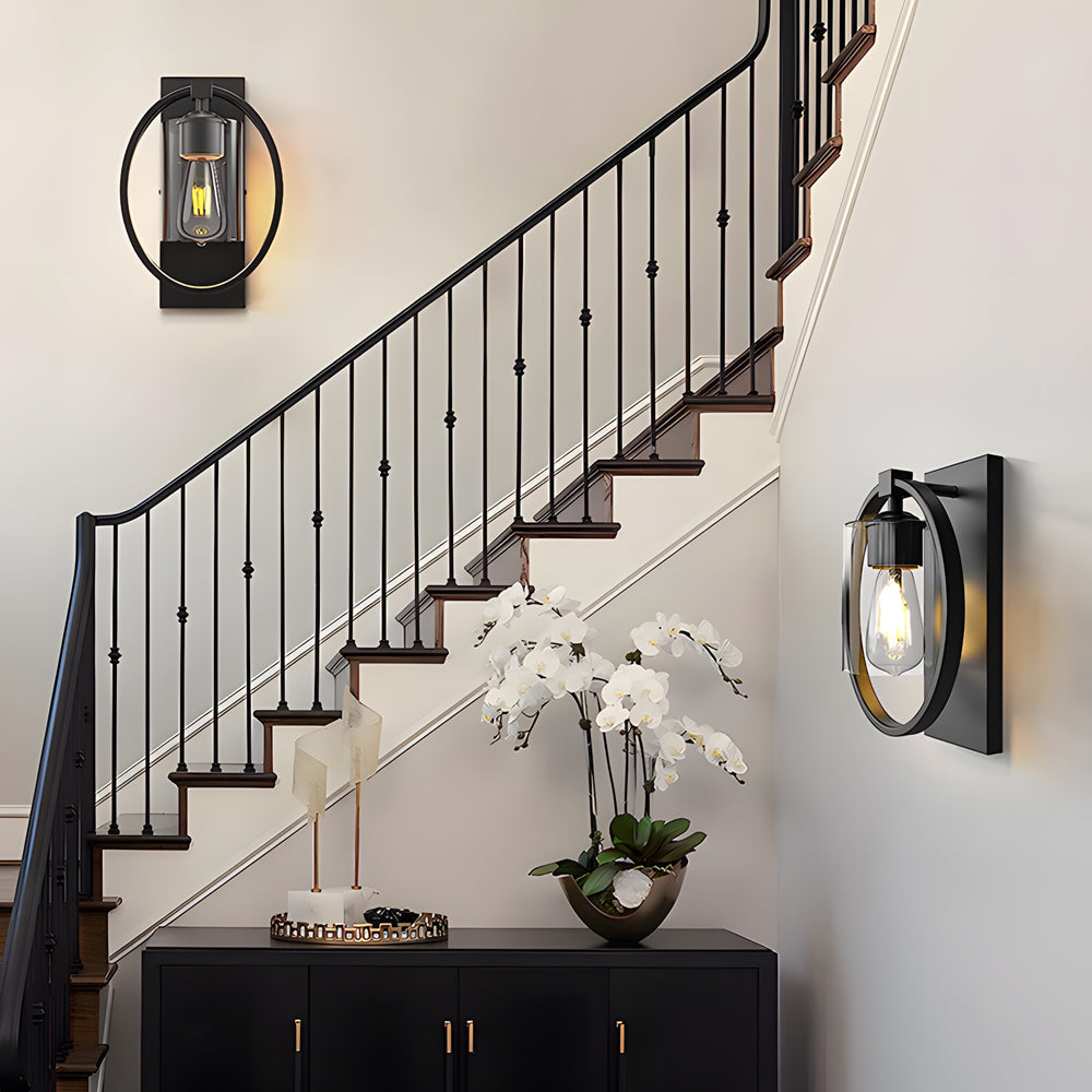 Retro Black Industrial Iron and Glass Wall Sconce with Tungsten Bulb for Bathroom Vanity Lighting