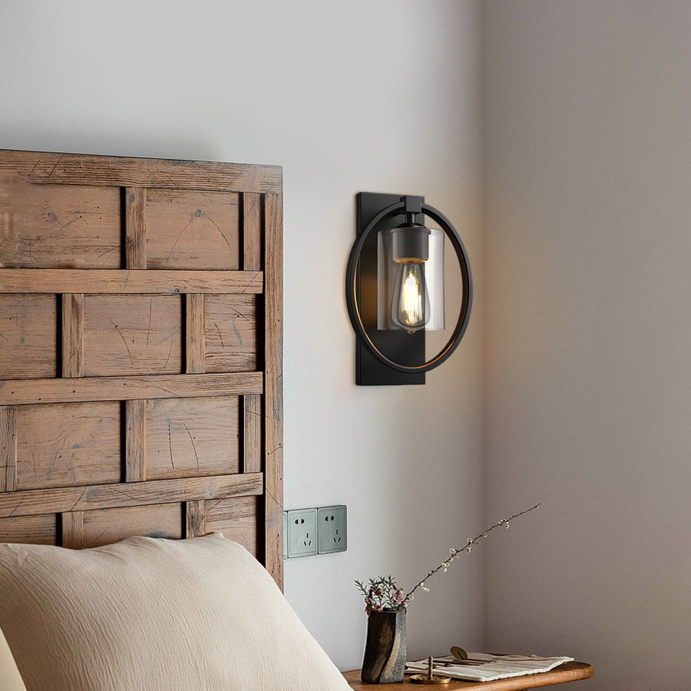 Retro Black Industrial Iron and Glass Wall Sconce with Tungsten Bulb for Bathroom Vanity Lighting
