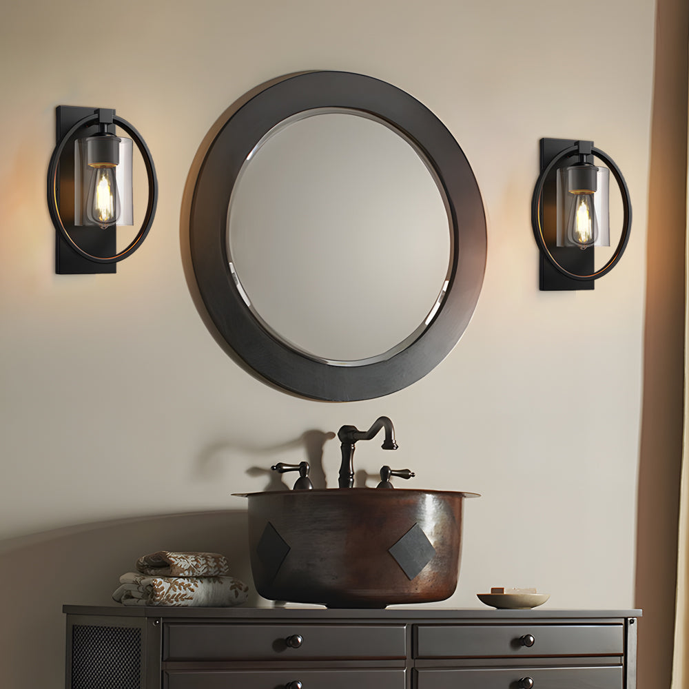 Retro Black Industrial Iron and Glass Wall Sconce with Tungsten Bulb for Bathroom Vanity Lighting