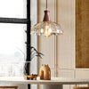 Retro Blossom Glass Pendant Light with Walnut Wooden Handle and Brass Accents Hanging Fixture