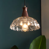 Retro Blossom Glass Pendant Light with Walnut Wooden Handle and Brass Accents Hanging Fixture
