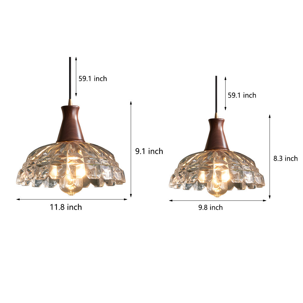 Retro Blossom Glass Pendant Light with Walnut Wooden Handle and Brass Accents Hanging Fixture