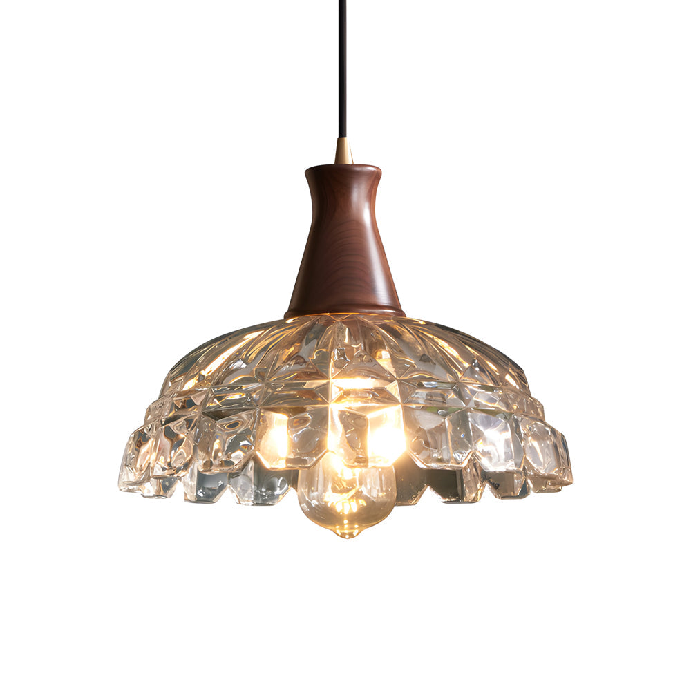 Retro Blossom Glass Pendant Light with Walnut Wooden Handle and Brass Accents Hanging Fixture